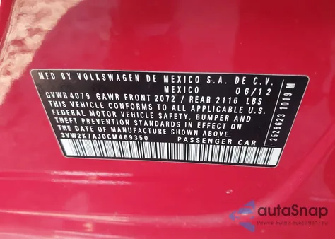 2012 Volkswagen Jetta 2.0L S из США, поврежденный, VIN 3VW2K7AJ0CM469350